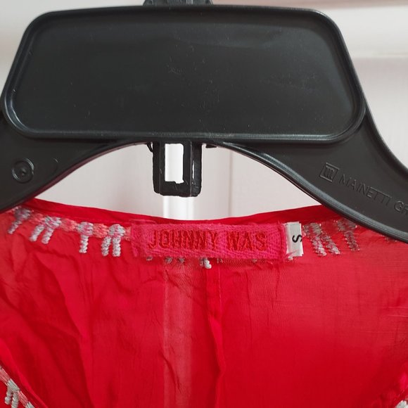 Johnny Was Red Floral Embroidered Tie Yoke Neck Georgette Tunic Top Blouse - Picture 3 of 7